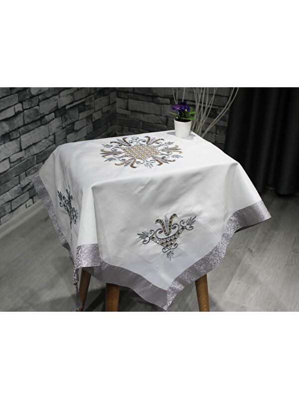 Çeyiz Diyarı Lale Nakışlı Fiskos Krem Gri 100x100 Cm