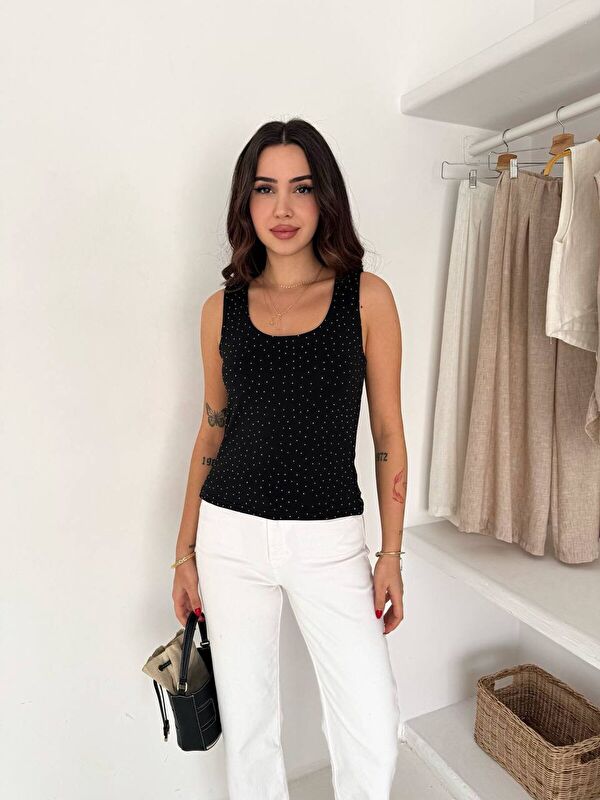 carla10 Taşlı Tulum Atlet Siyah