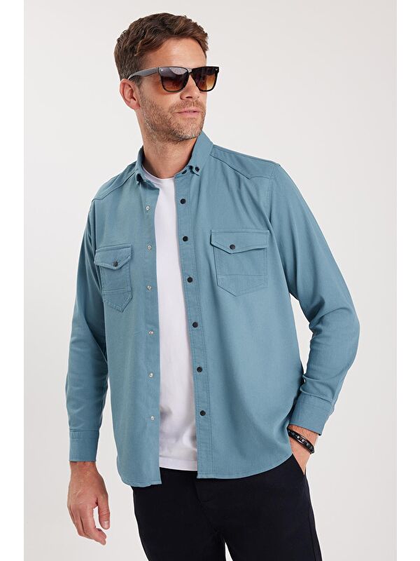 TUDORS Erkek Regular Fit Rahat Kesim Çift Cepli Spor Yaka Denim Petrol Gömlek