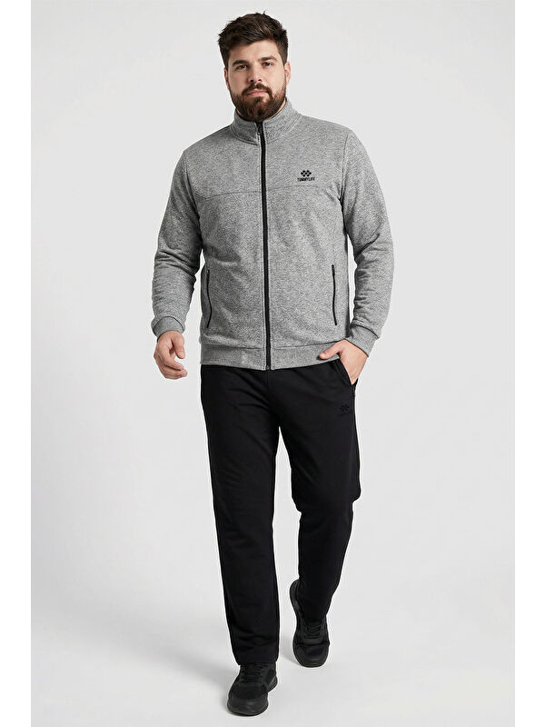 Tommylife Gri Melanj - Siyah Dik Yaka Battal Büyük Beden Erkek Eşofman Takım - 85176