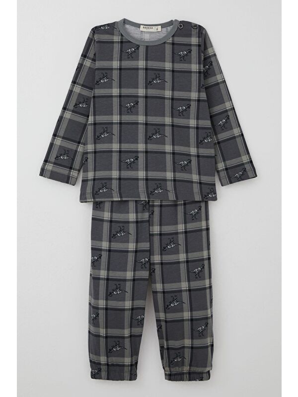 Breeze Erkek Bebek Pijama Takımı Dinozor Krallığı Ekose Desenli Gri (9 Ay-3 Yaş)