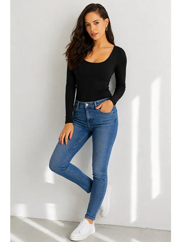 carla10 Kadın U Yaka Uzun Kollu Esnek Basic Bluz – Siyah