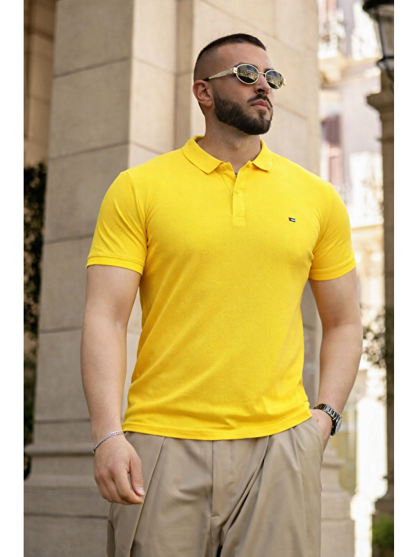 Comstar Erkek Trend Dar Basic Yazlık Sarı Polo Yaka Tişört