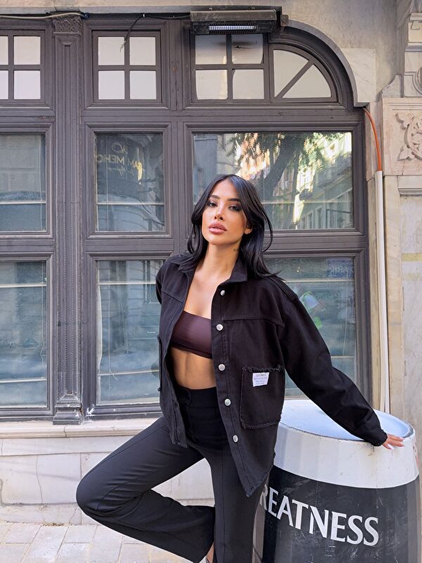 carla10 Design Arma Detay Gabardin Gömlek Siyah