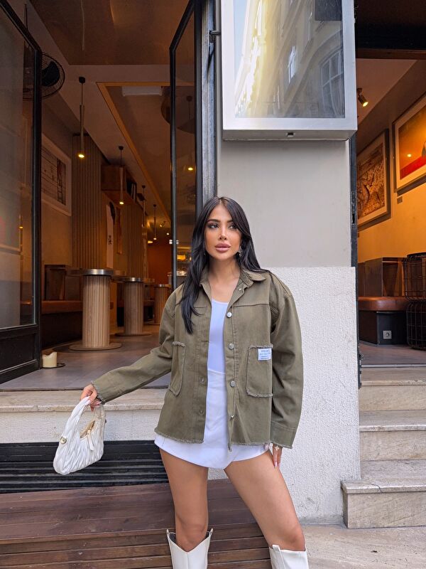 carla10 Design Arma Detay Gabardin Gömlek Haki