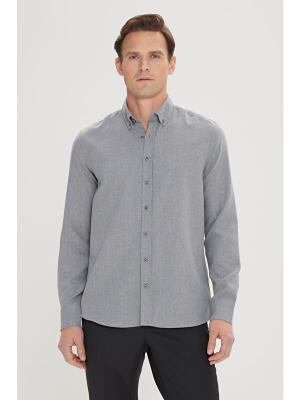 Altınyıldız Classics Erkek Açık Gri Slim Fit Dar Kesim Düğmeli Yaka Pamuklu Flanel Oduncu Gömlek