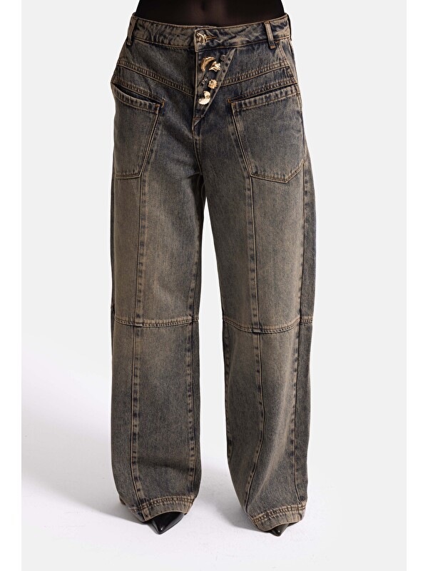 It's Basic Kadın Koyu Jean 4w6-85 Mega Baggy Aksesuar Detaylı Tasarım Denim Jean
