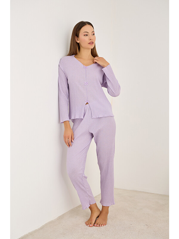 Siyah İnci lila fiyonklu Fitilli Kaşkorse Uzun Kollu Pijama Takım 7937