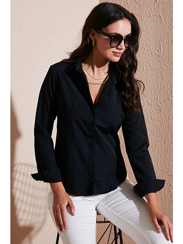 Lela Pamuklu Slim Fit Klasik Yaka Çizgili Kadın Gömlek 6777423