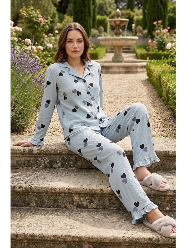 C&City Bürümcük Dokulu Düğmeli Pijama Takım Mavi Kalp