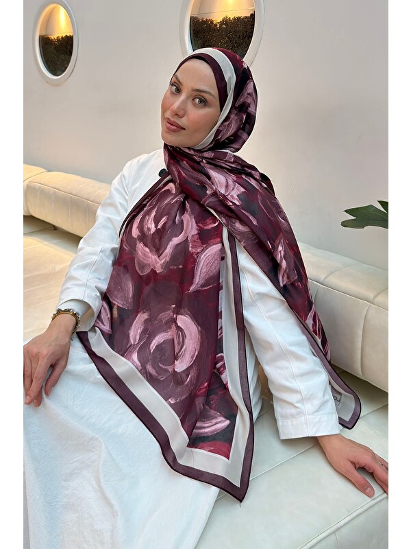 Lamelif Çiçek Desen Pamuk Şal Bordo Vizon