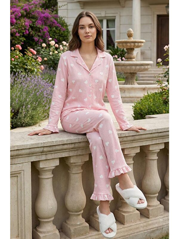 C&City Bürümcük Dokulu Düğmeli Pijama Takım Kalp