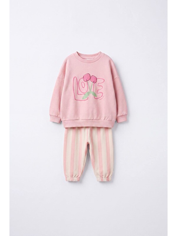 Magu Kız Çocuk Pamuklu Kiraz Baskılı Pembe Sweatshirt Ve Çizgili Pantolon Takımı