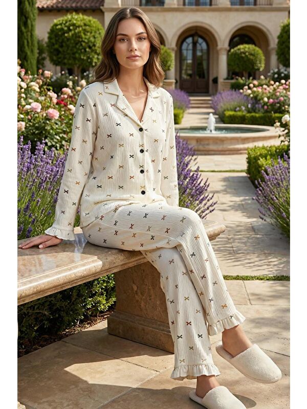 C&City Bürümcük Dokulu Düğmeli Pijama Takım Kırmızı Fiyonk