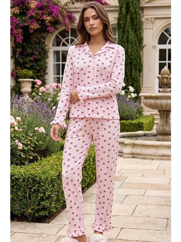 C&City Bürümcük Dokulu Düğmeli Pijama Takım Pembe Fiyonk