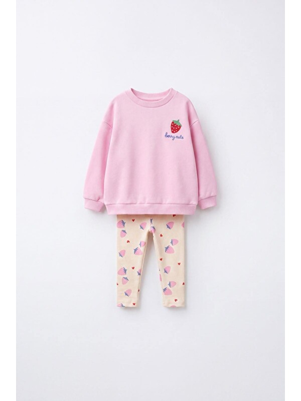 Magu Kız Çocuk Çilek Nakışlı Pembe Sweatshirt Ve Tayt Takımı