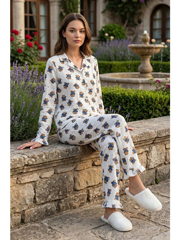 C&City Bürümcük Dokulu Düğmeli Pijama Takım Ayıcık