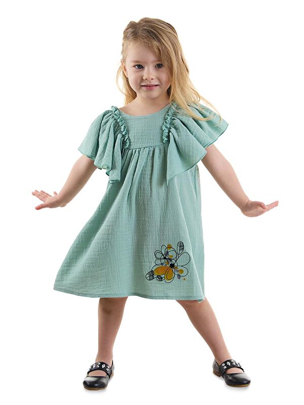 Denokids Çiçekli Kız Bebek Çocuk Yeşil Müslin Elbise