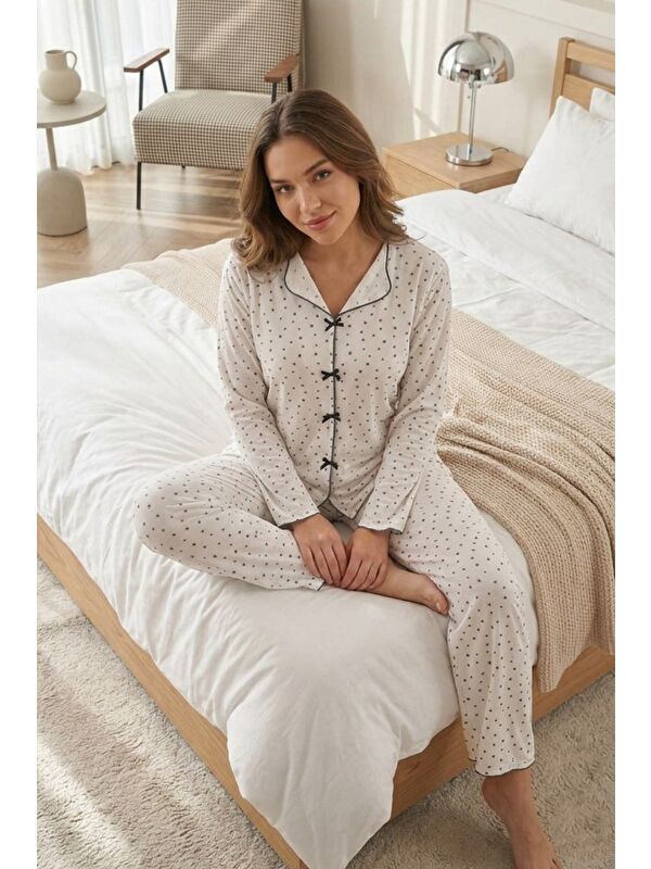 C&City Fiyonk Detay Yumuşak Uzun Kol Pijama Takım Yıldız