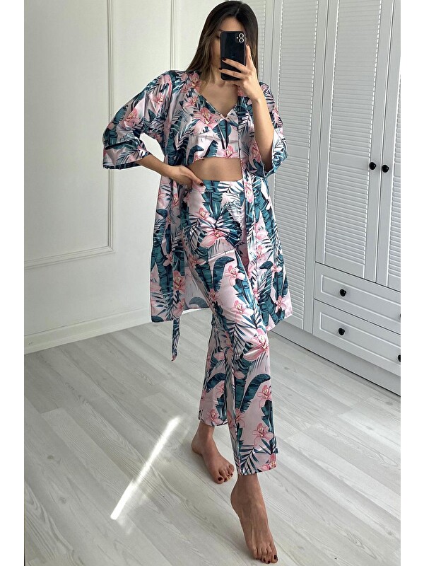 C&City 045 Kadın Desenli 3 Lü Saten Pijama Takım Ekru/Yeşil