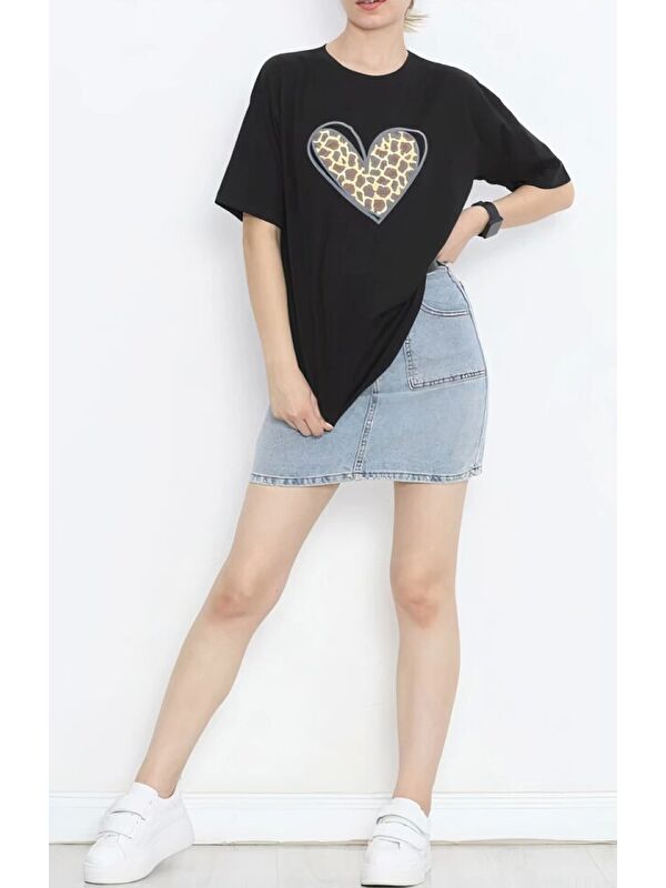 Jane's Sevgililer Günü İçin Özel Tasarım Leopar Kalp Baskılı T-shirt - Siyah