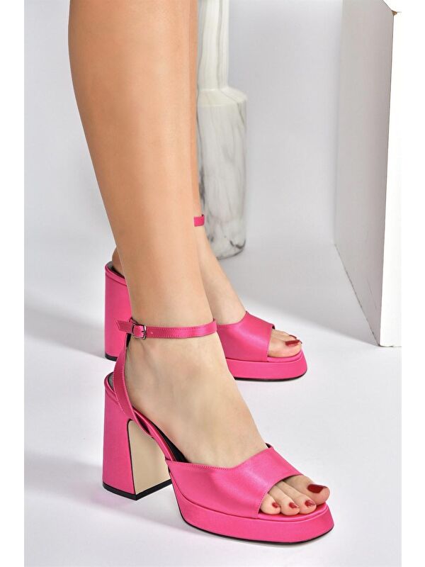 Fuşya Saten Kumaş Kalın Platform Topuklu Kadın Ayakkabı M570345604 - Görsel 2