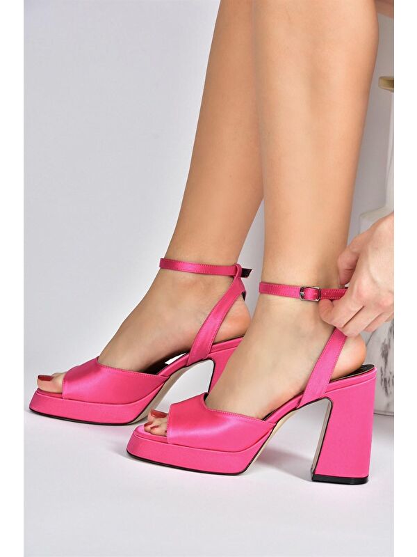 Fuşya Saten Kumaş Kalın Platform Topuklu Kadın Ayakkabı M570345604 - Görsel 3