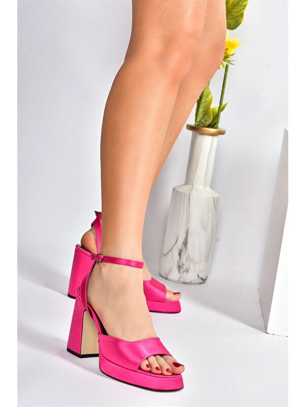Fuşya Saten Kumaş Kalın Platform Topuklu Kadın Ayakkabı M570345604 - Görsel 4
