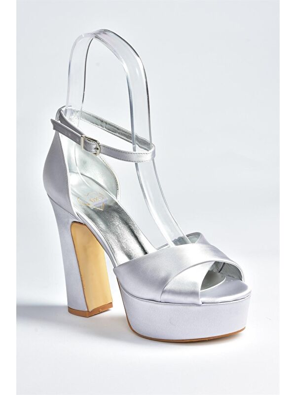 Gümüş Saten Kumaş Platform Topuklu Kadın Abiye Ayakkabı M348202504 - Görsel 4