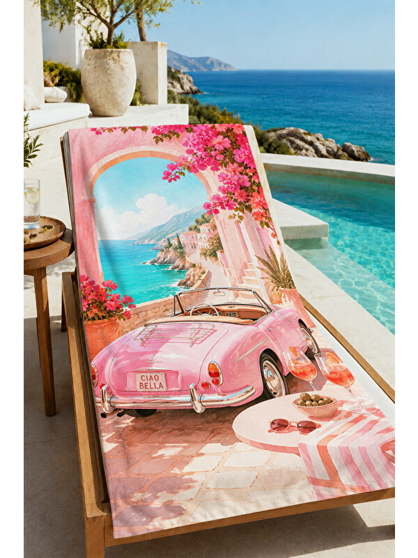 Milbay Grup Retro Riviera Pembe Klasik Araba ve Sahil Desenli 70x150 Plaj Havlusu - Pamuklu Banyo Havlusu