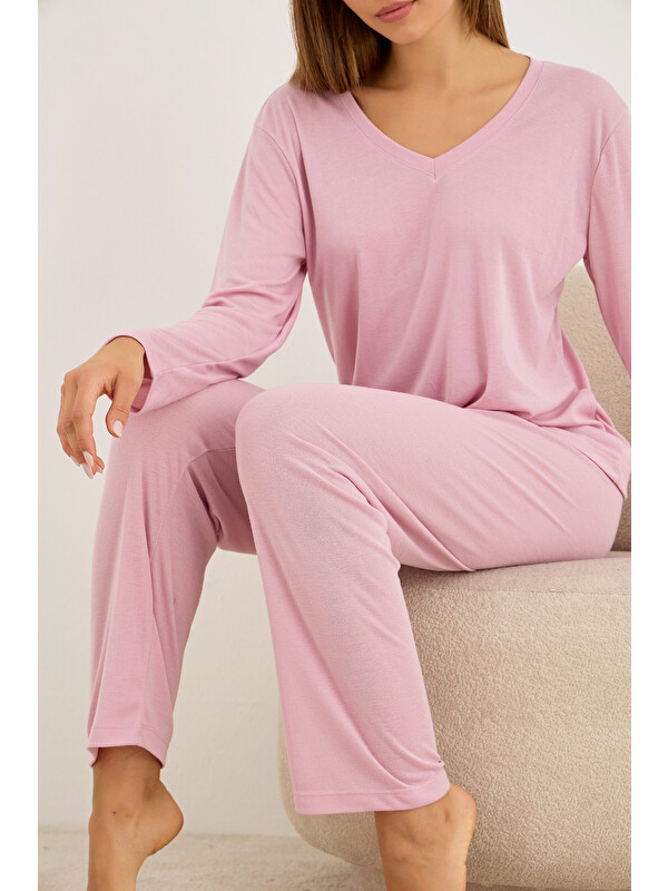 Siyah İnci pembe V Yaka Yumuşak Tuşe Örme Pijama Takım7942