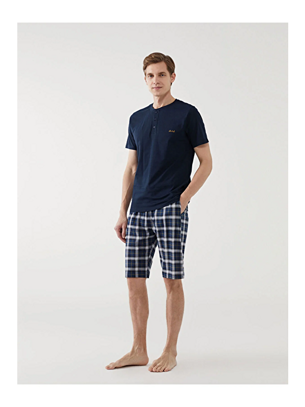 justmore Erkek Düğme Detaylı Kısa Kollu Bermuda Lacivert Pijama Takımı