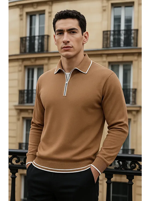 Comstar Erkek Trend Fermuarlı Camel Uzun Kollu Polo Yaka Tişört
