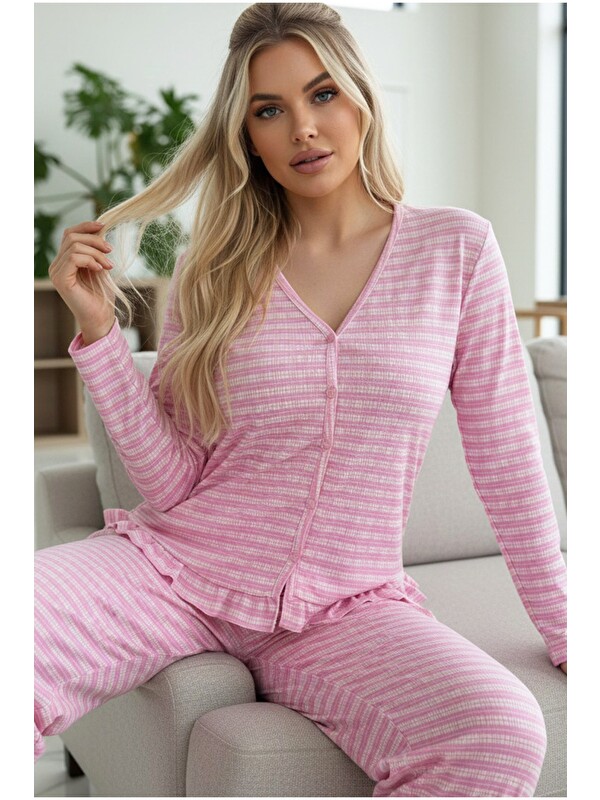 Siyah İnci Bürümcük-Krınkıl Uzun Kollu Düğmeli Örme Pijama Takım 7990