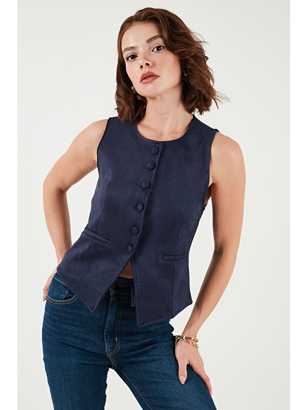 Lela Fitted Fit Bisiklet Yaka Düğmeli Yumuşak Dokulu Yelek 5866435