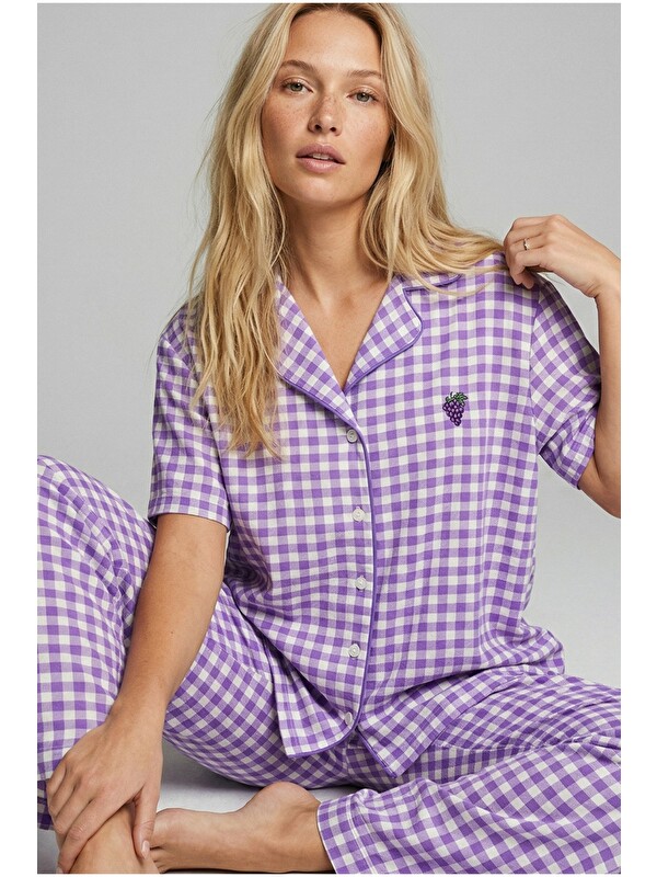 Siyah İnci Düğmeli Biyeli İnce Soft Örme Pijama Takımı 8001