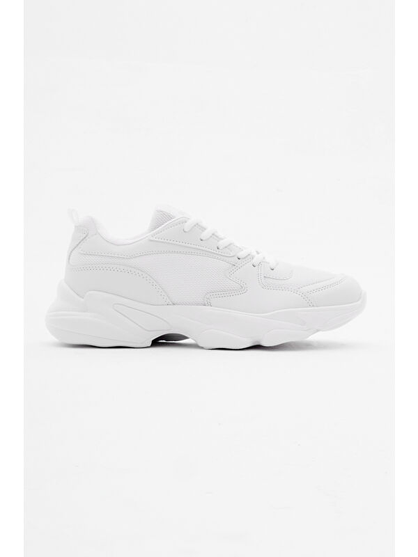 Unisex Beyaz Rahat Kalıp Yüksek Poli Taban Bağcıklı Spor Ayakkabı - Görsel 2