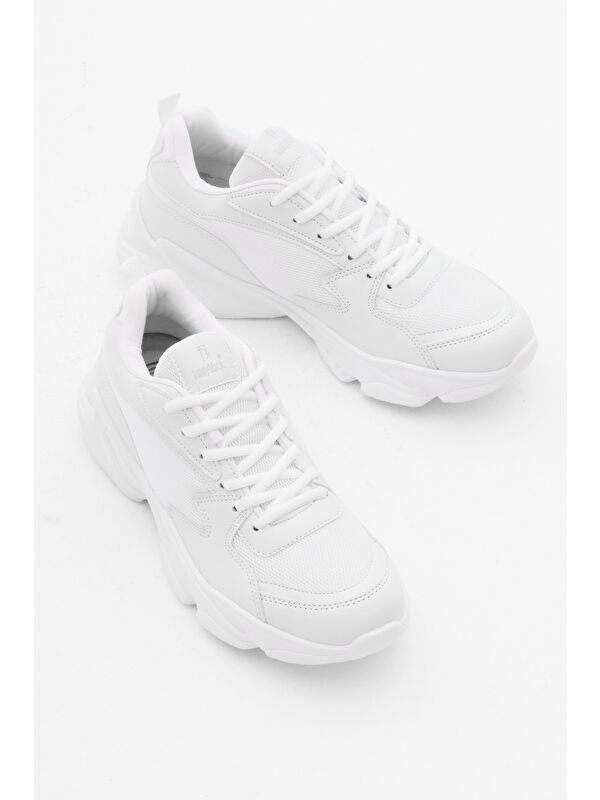 Unisex Beyaz Rahat Kalıp Yüksek Poli Taban Bağcıklı Spor Ayakkabı - Görsel 4