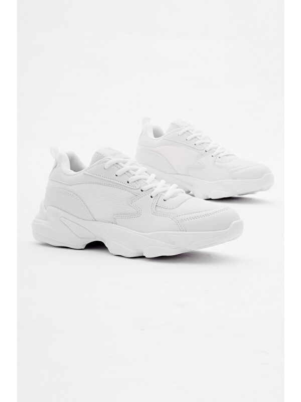 Unisex Beyaz Rahat Kalıp Yüksek Poli Taban Bağcıklı Spor Ayakkabı - Görsel 5