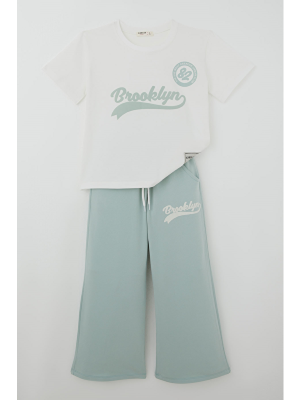 Breeze Kız Çocuk Pantolonlu Takım Brooklyn Yazı Baskılı Bağcıklı Ekru (8-14 Yaş)
