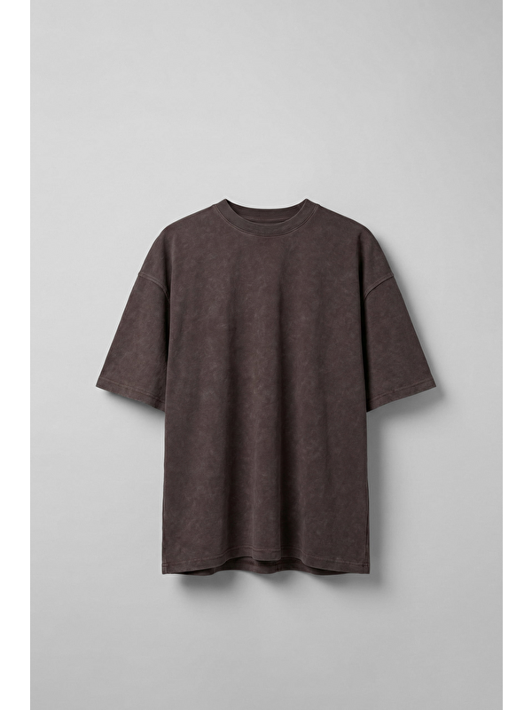 Abluka Online Erkek Oversize Yıkamalı Pamuklu Basic T-Shirt Kahverengi