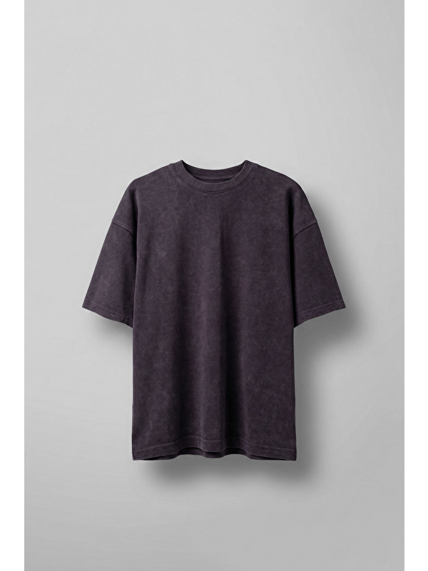 Abluka Online Erkek Oversize Yıkamalı Pamuklu Basic T-Shirt Mürdüm