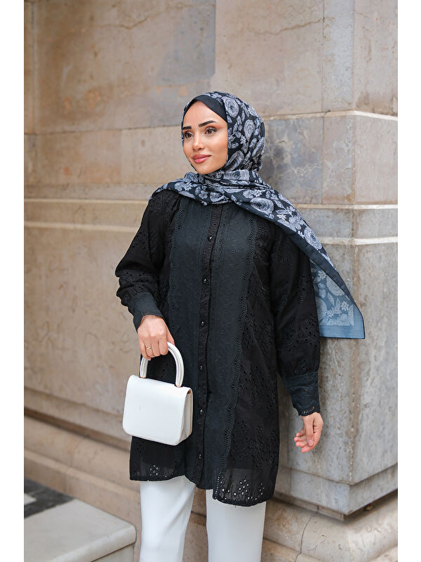 Locco Moda Kadın Önü Güpür Detaylı Oversize Gömlek Siyah