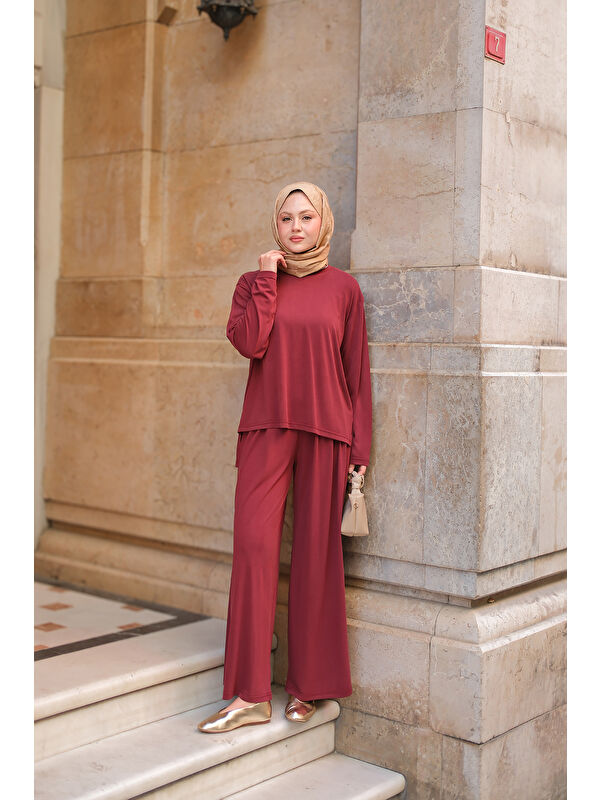 Locco Moda Kadın Rise Jarse Dökümlü Takım Bordo