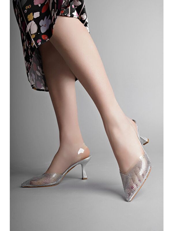 JULİET Kadın Sivri Burun Parlak Taşlı Arkası Açık Şeffaf Bantlı Topuklu Ayakkabı - Görsel 3