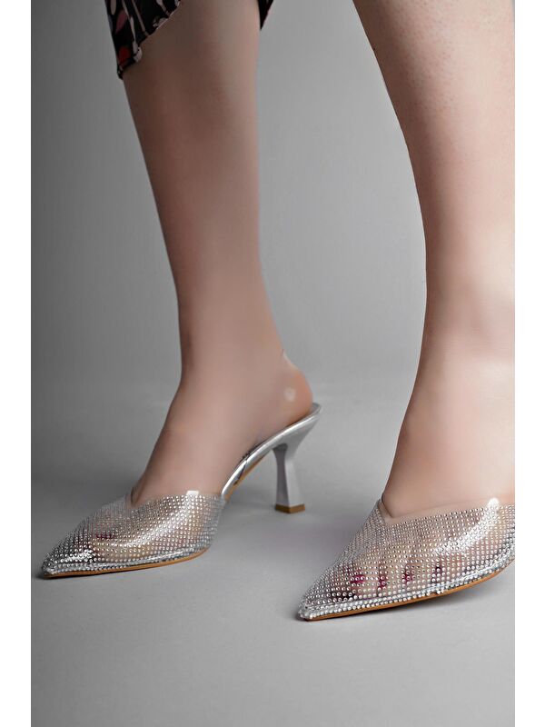 JULİET Kadın Sivri Burun Parlak Taşlı Arkası Açık Şeffaf Bantlı Topuklu Ayakkabı - Görsel 4