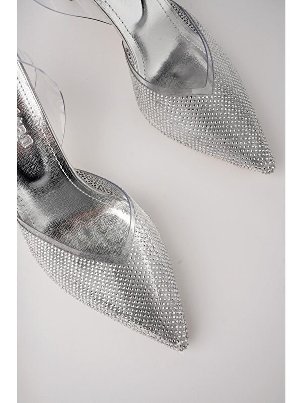 JULİET Kadın Sivri Burun Parlak Taşlı Arkası Açık Şeffaf Bantlı Topuklu Ayakkabı - Görsel 6