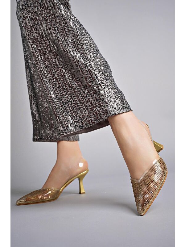 JULİET Kadın Sivri Burun Parlak Taşlı Arkası Açık Şeffaf Bantlı Topuklu Ayakkabı - Görsel 3