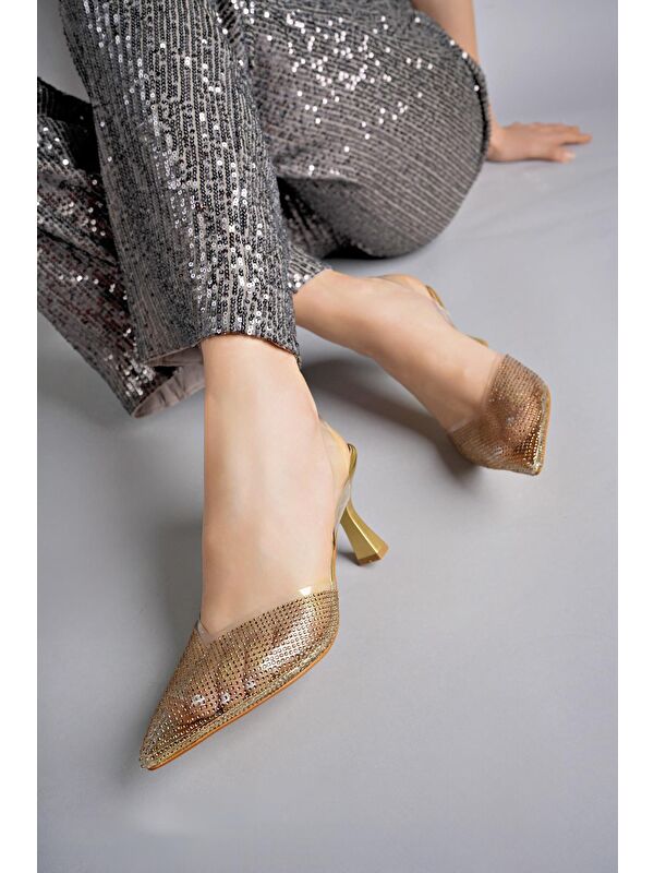 JULİET Kadın Sivri Burun Parlak Taşlı Arkası Açık Şeffaf Bantlı Topuklu Ayakkabı - Görsel 4