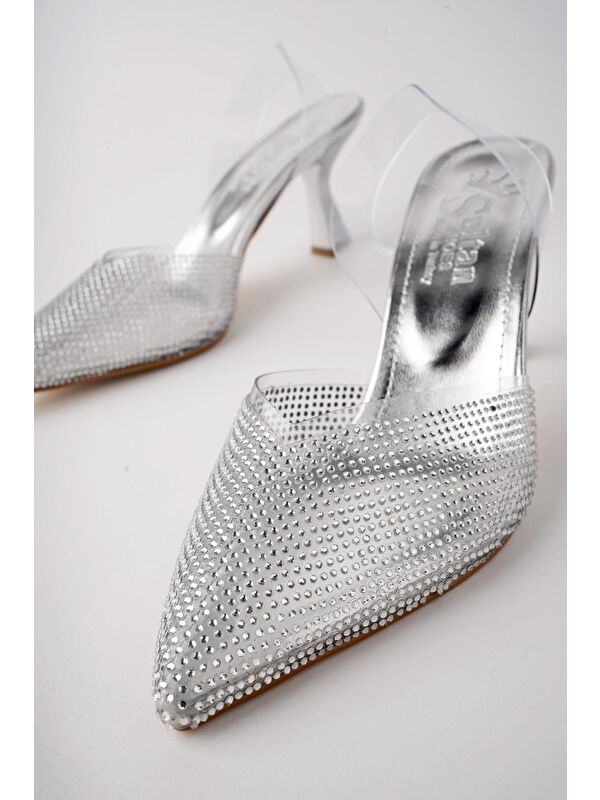 JULİET Kadın Sivri Burun Parlak Taşlı Arkası Açık Şeffaf Bantlı Topuklu Ayakkabı - Görsel 8